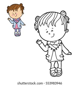 Vector illustration coloring page of happy cartoon girl  for children, coloring and scrap book
