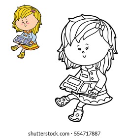 Vector illustration coloring page of happy cartoon girl  for children, coloring and scrap book