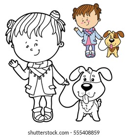 Vector illustration coloring page of happy cartoon girl and dog for children, coloring and scrap book