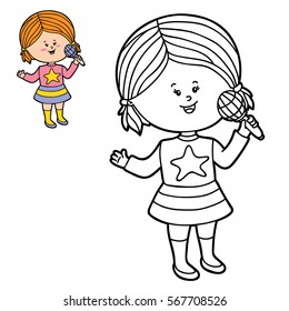 Vector illustration coloring page of happy cartoon girl for children, coloring and scrap book