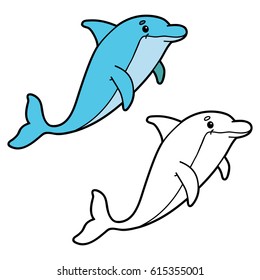 Vector illustration coloring page of happy cartoon dolphin for children, coloring and scrap book