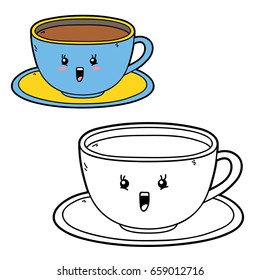 Vector illustration coloring page of happy cartoon cup for children, coloring and scrap book