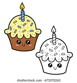 Vector illustration coloring page of happy cartoon cupcake for children, coloring and scrap book