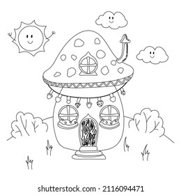 Vector illustration coloring page house mushroom fairies and leprechaun. Concept fairy tale coloring page for adults and children