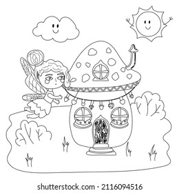 Vector illustration coloring page house mushroom and cute fairy. Concept fairy tale coloring page for adults and children