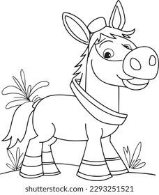 Ilustración vectorial Página de coloreo para niños, caballo lindo, estilo de dibujos animados negro y blanco 