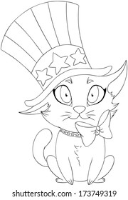 A Vector illustration coloring page of a kitten wearing a hat and bow designed as the American flag for the 4th of July. 