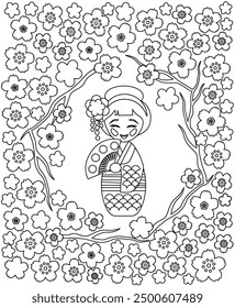 Vector illustration of coloring page kokeshi doll admiring cherry blossoms. Coloring page seasons of Japan