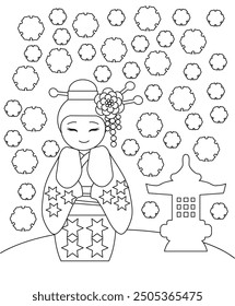 Vector illustration of a coloring page of a kokeshi girl admiring the falling snow. Winter kokeshi girl coloring page.