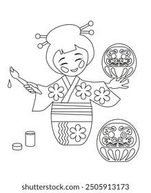 Vector illustration of a coloring page of a kokeshi girl making a wish with Daruma. Kokeshi girl drawing Daruma's eye. New Year's tradition of Japan