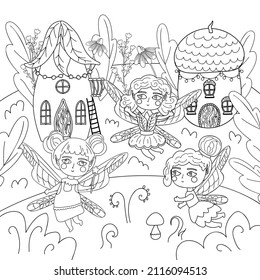 Vector illustration coloring page of magical fairies in fairytale village. Coloring page for adults antistress and for children fairy tale concept.