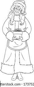 Vector illustration coloring page of Mrs Claus holding a present for Christmas and smiling. 