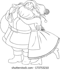 Vector illustration coloring page of Mrs Claus kisses Santa on cheek and hugs him for christmas. 