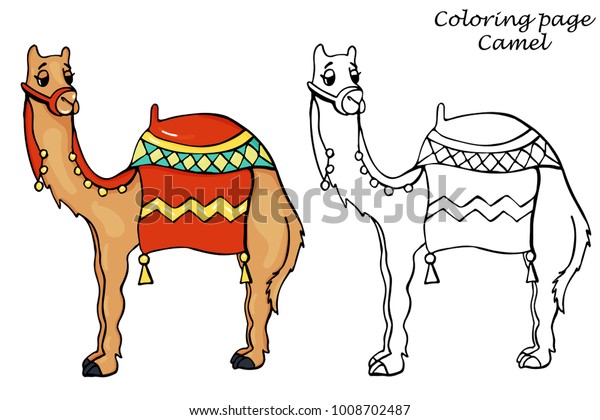 Vector illustration, coloring page\
outline of cartoon camel with saddle, coloring book for\
kids