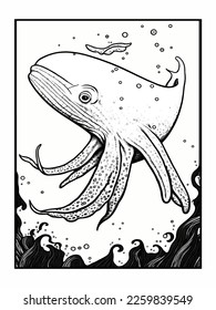 Vector illustration of coloring page. Saa Animals: Whale. Educational game for children coloring book. 