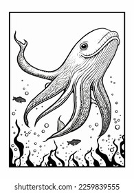 Vector illustration of coloring page. Saa Animals: Whale. Educational game for children coloring book. 