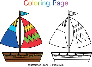 Vector illustration coloring page in sailing theme. Leisure activity game for kids. 