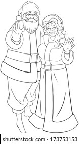 Vector illustration coloring page of Santa and Mrs Claus standing hugged and waving their hands for Christmas. 