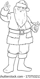 Vector illustration coloring page of Santa Claus smiling and ringing a bell and waving his hand for Christmas. 