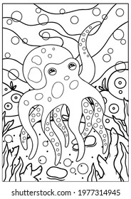 Vector illustration of coloring page. Sea animals: octopus with bubbles. Educational game for children coloring book. 