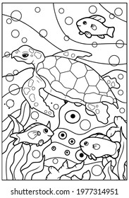 Vector illustration of coloring page. Sea animals: turtle with fishes. Educational game for children coloring book. 