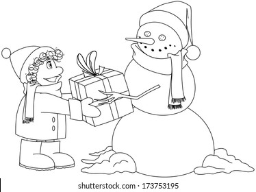 Vector illustration coloring page of a snowman giving a present to a child for Christmas. 