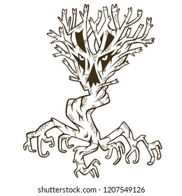 Vector illustration coloring page of spooky monster tree with sharp teeth. Good for stickers, posters, prints for Halloween party. 
