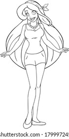 Vector illustration coloring page of a teenage girl in tanktop and shorts. 