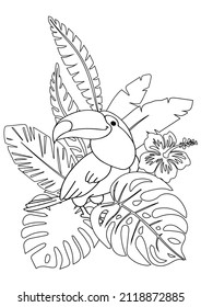 Vector illustration. Coloring page with toucan bird and exotic palm leaves. Coloring book page printable template a4 for children and adult