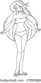 Vector illustration coloring page of a woman in swimsuit and sandals. 