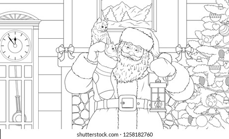 Vector illustration coloring, Santa Claus brought gifts on Christmas night, the cats got into a sock
