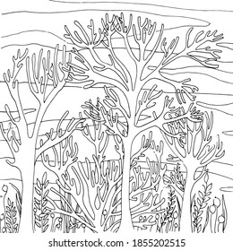 Vector illustration for coloring with trees and a house in the night forest. Black lines on a white background. Coloring book for adults forest, trees and starry sky with the month.