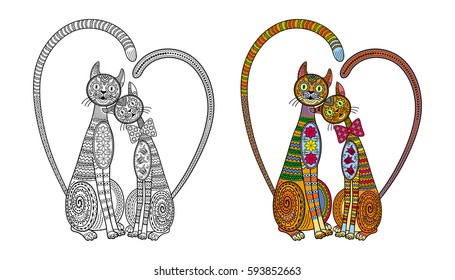 Vector illustration coloring two cats, drawn in Zentangle style