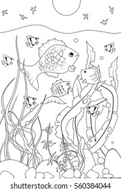 vector illustration  coloring.sea,fish and seaweed