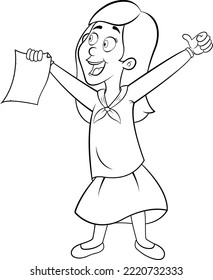 Vector illustration colorless cartoon character for coloring of a schoolgirl receiving a good grade from her final exam