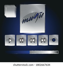 Vector illustration of colorless glossy icons and buttons with dark blue elements suitable for music and other apps or social media resources on black background with blue gradient