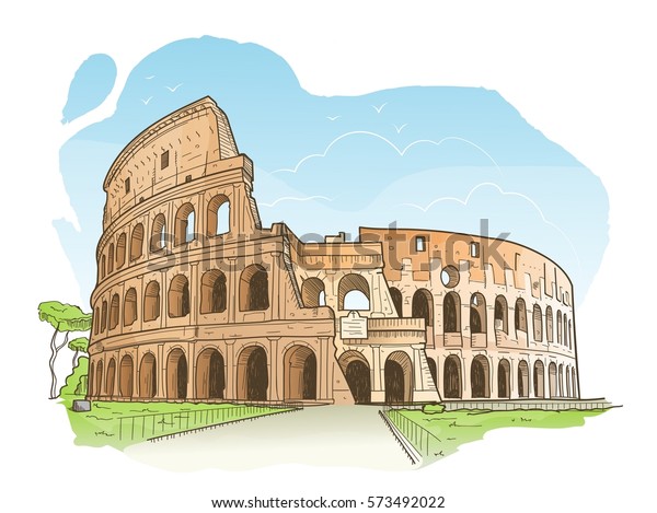 Monumento dell'architettura italiana colosseo. schizzo a matita su uno  sfondo beige. | Vettore Premium