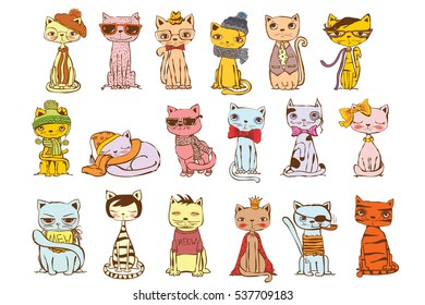 Vector illustration of  Colour cat set for greeting card design, t-shirt print, inspiration poster 