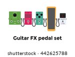Vector illustration of  colour guitar fx equipments: tuner, wah, jack cable, fuzz, equalizer, looper, fx pedal on white background