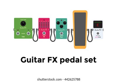 Vector illustration of  colour guitar fx equipments: tuner, wah, jack cable, fuzz, equalizer, looper, fx pedal on white background