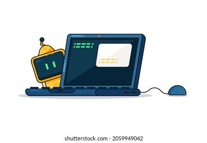 Vector illustration of colour icon in flat line style. Yellow mascot with computer set. Graphic design concept of software engineer, web development, programming creating website.