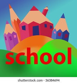 vector illustration, coloured pencil building, school banner