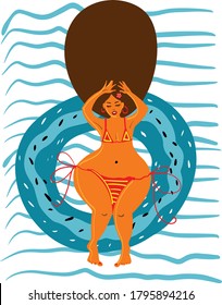 Vector illustration. Coloured woman is relaxing, chilling, resting, rejoicing, enjoying the life of her dreams 