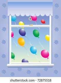 vector illustration of colourful balloons floating by a window in eps 10 format