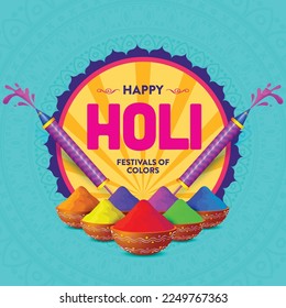 Vector illustration of colourful Happy Holi. colours in different bowl and pichkari