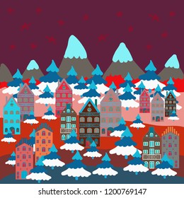 Vector illustration. Colourful houses on fancy landscape. Illustration on purple, blue and neutral colors.