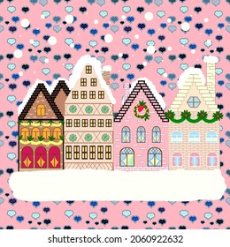 Vector illustration. Colourful houses on fancy landscape. Illustration on blue, neutral and beige colors.