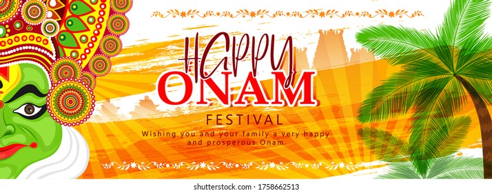 vector illustration of a colourful Kathakali face with heavy crown decorated with pearls and stone on grungy colourful background for Onam celebration.