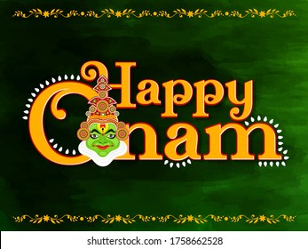 vector illustration of a colourful Kathakali face with heavy crown decorated with pearls and stone on grungy colourful background for Onam celebration.