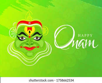 vector illustration of a colourful Kathakali face with heavy crown decorated with pearls and stone on grungy colourful background for Onam celebration.